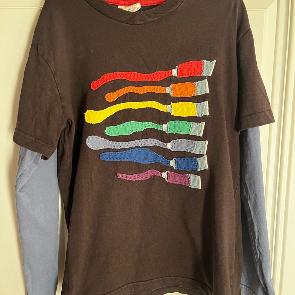 Mini Boden Brown Layered Long-Sleeve Tee with Colorful Paintbrush Appliqués